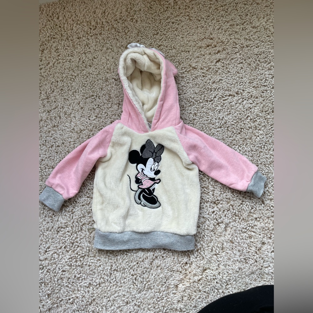 Disney toddler girl Minnie Mouse pink white fleece hoodie with ears - 18 months